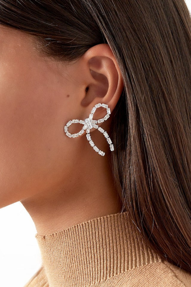Rhinestone Bow Oorbellen - Zilver