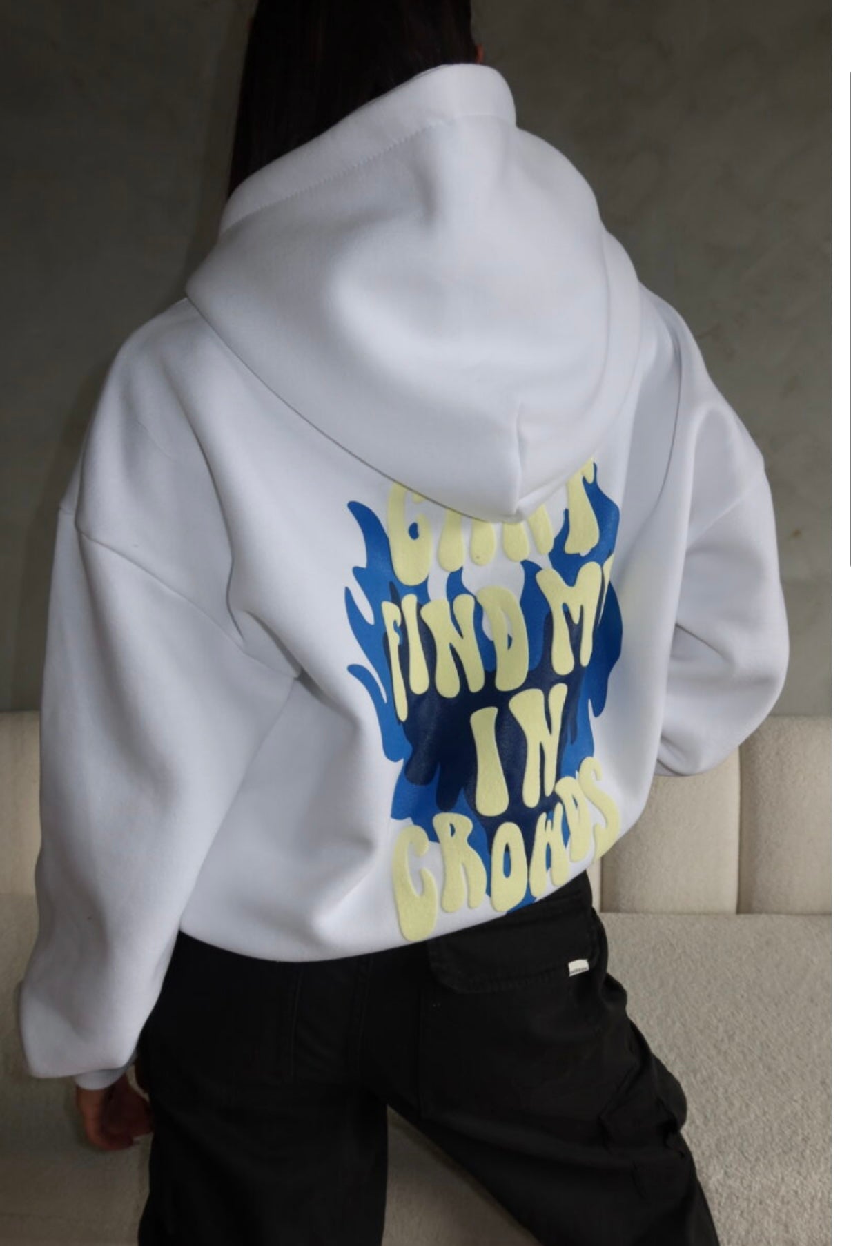 Priority Can’t Find Me In Crowds Hoodie - White With Blue Fire