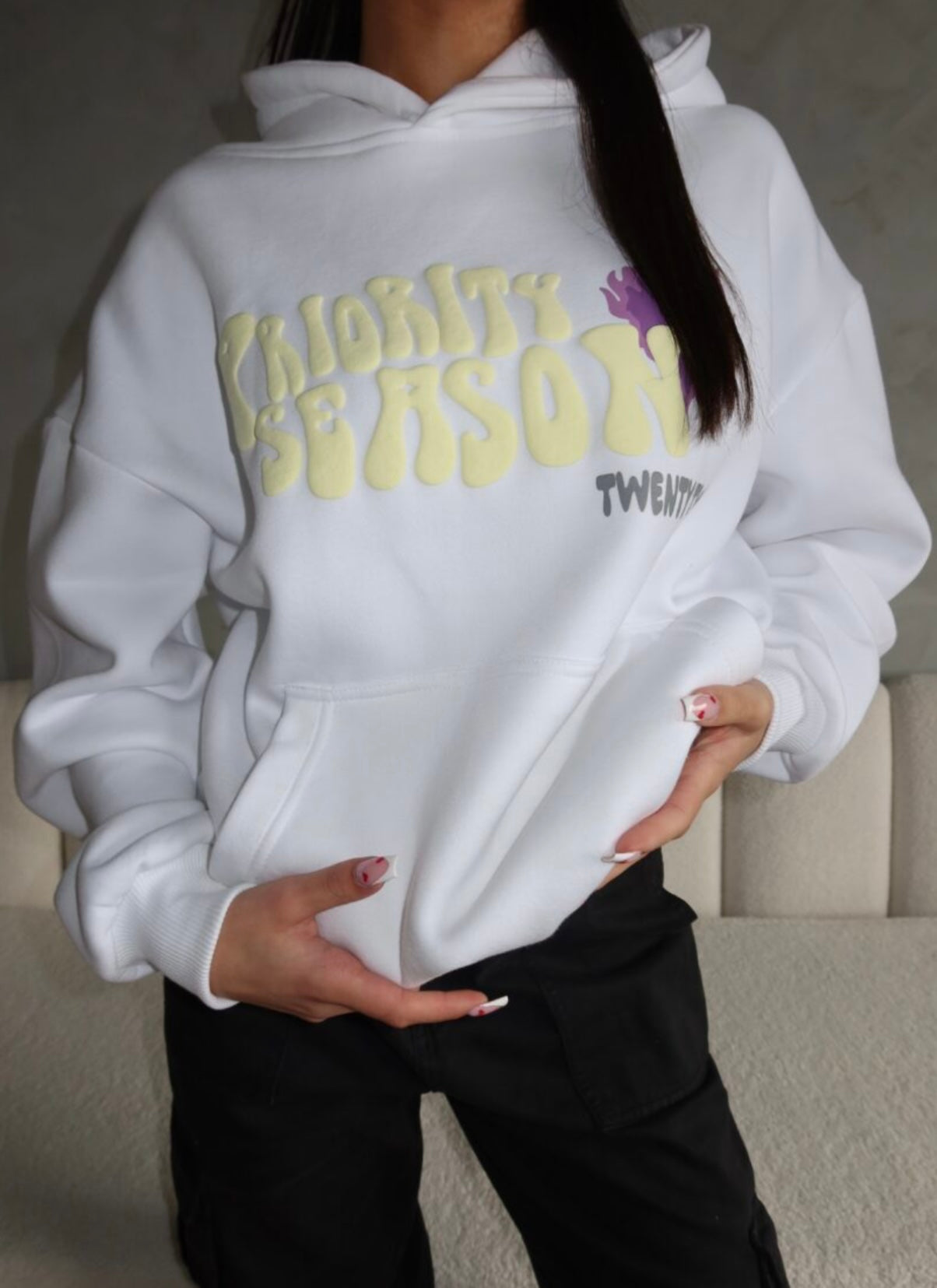 Priority Can’t Find Me In Crowds Hoodie - White With Purple Fire