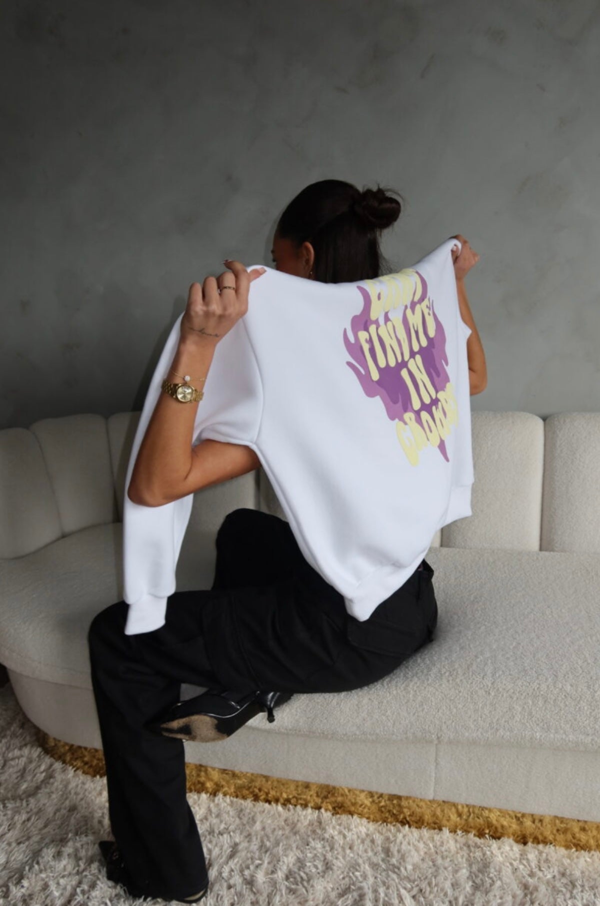 Priority Can’t Find Me In Crowds Hoodie - White With Purple Fire