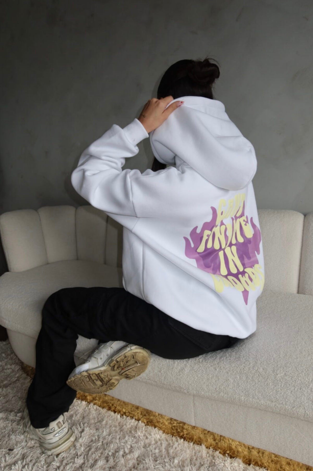 Priority Can’t Find Me In Crowds Hoodie - White With Purple Fire