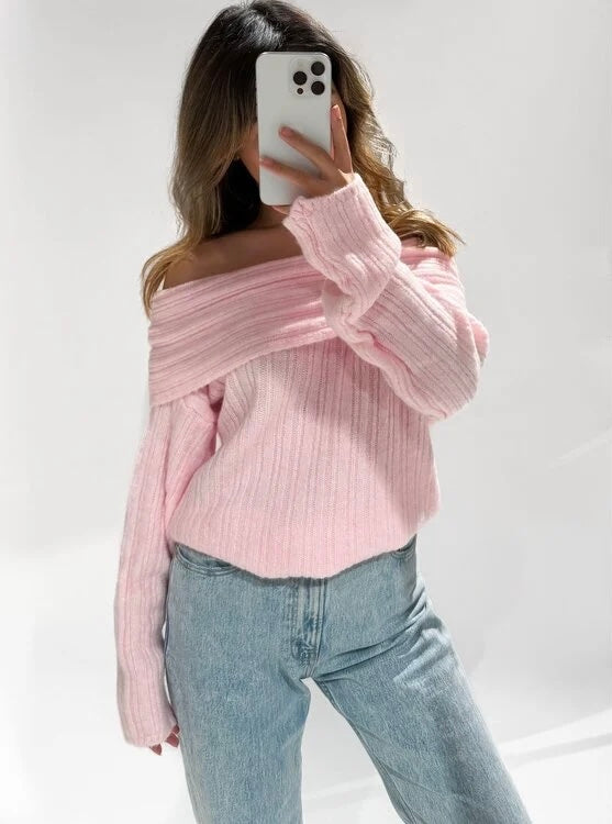 Off Shoulder Sweater - Baby pink