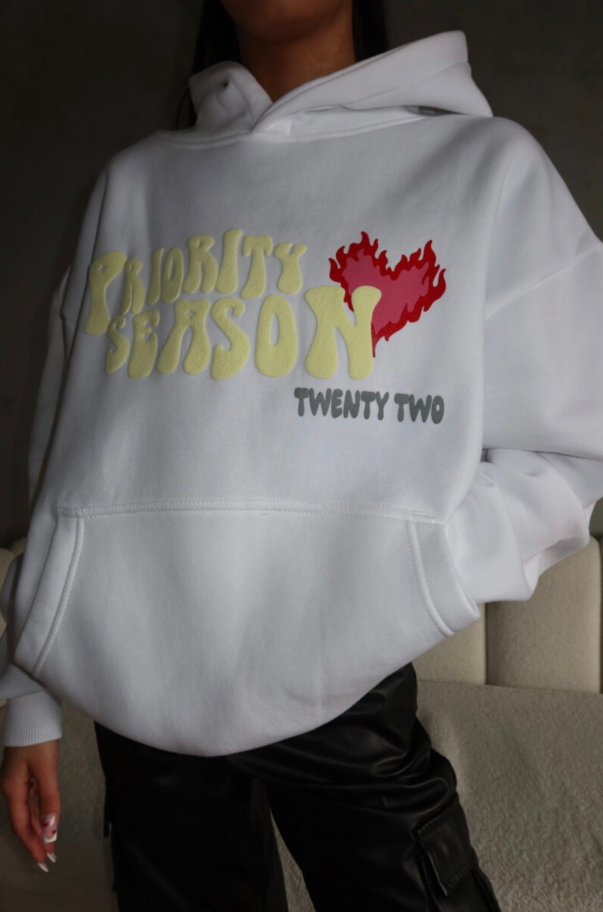 Priority Can’t Find Me In Crowds Hoodie - White With Red Fire