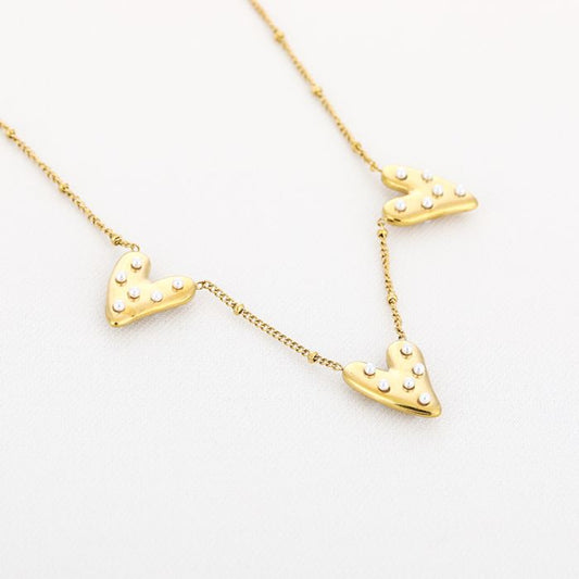 Pearl Heart Triple Ketting | Goud
